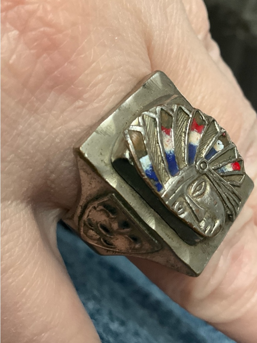 Rare Vintage Mexican Silver Enamel Indian Chief Man's Ring